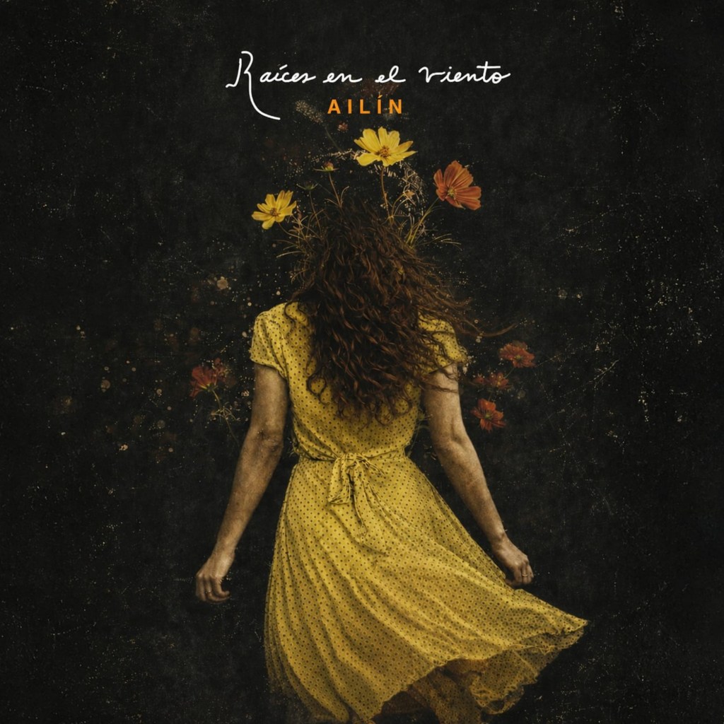 Mujer de espaldas con vestido amarillo de lunares, rodeada de flores sobre un fondo oscuro.